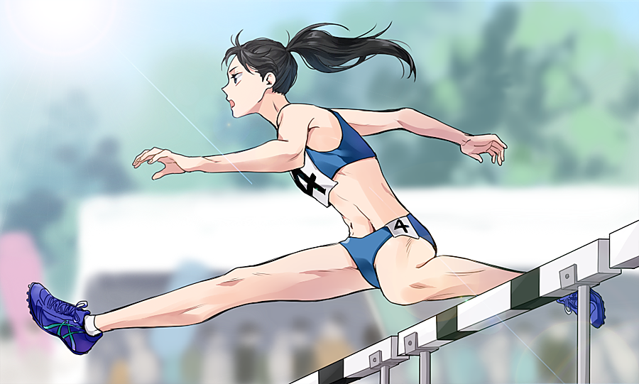 1girl, bare_legs, black_hair, blue_buruma, blue_eyes, blue_sports_bra, blurry, buruma, crowd, depth_of_field, from_side, full_body, haikyuu!!, hurdle, jumping, long_hair, midriff, navel, neamvi, open_mouth, outdoors, ponytail, shimizu_kiyoko, shoes, sneakers, sports_bra, sunlight, track_and_field, track_uniform, white_legwear, aged_down