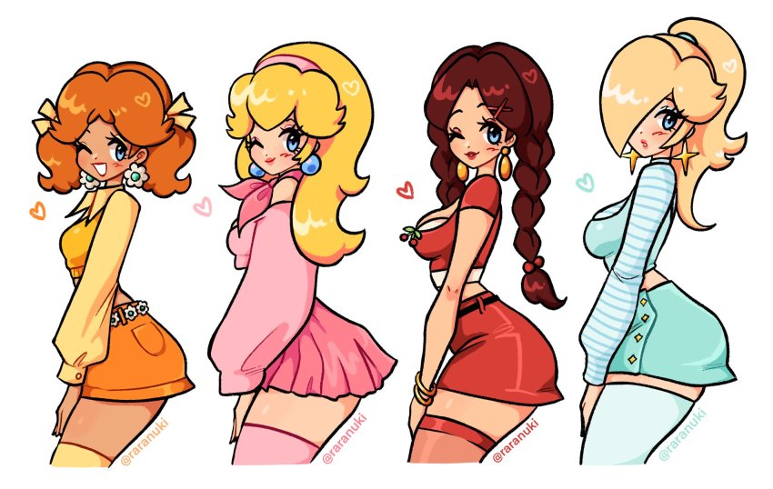 4girls, alternate_costume, alternate_hairstyle, artist_name, bare_shoulders, belt, black_belt, blonde_hair, blue_eyes, blush, breasts, brown_hair, casual, cleavage, dark-skinned_female, dark_skin, diadem, donkey_kong_(1981_game), donkey_kong_(series), dot_nose, earrings, eyelashes, eyeshadow, grin, hair_over_one_eye, heart, highres, jewelry, large_breasts, lips, lipstick, long_hair, long_sleeves, looking_at_viewer, makeup, mario_(series), medium_breasts, midriff, multiple_girls, necklace, nintendo, one_eye_closed, orange_hair, pauline_(nintendo), pink_lips, princess_daisy, princess_peach, puffy_sleeves, raranuki, rosalina, shiny_clothes, shiny_skin, short_hair, short_sleeves, shorts, sideboob, skirt, smile, standing, super_mario_bros._1, super_mario_galaxy, super_mario_land, teeth, thick_thighs, thighhighs, thighs, twintails, white_background, wink