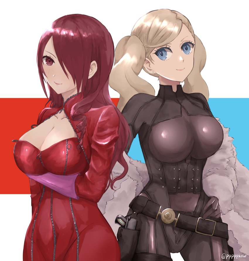 2girls, arm_under_breasts, belt, black_bodysuit, blonde_hair, blue_eyes, bodystocking, bodysuit