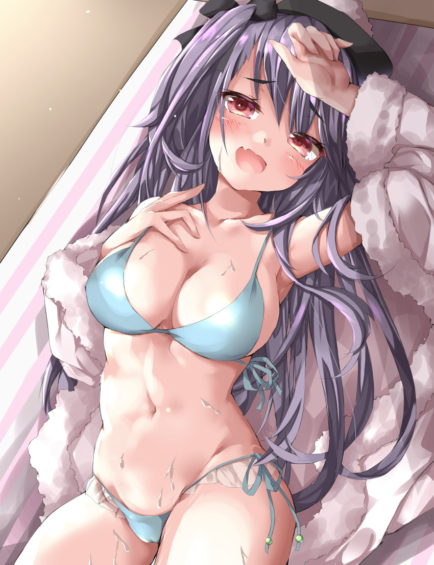 1girl, absurdres, arm_up, azur_lane, bare_shoulders, bikini, black_hair, breasts