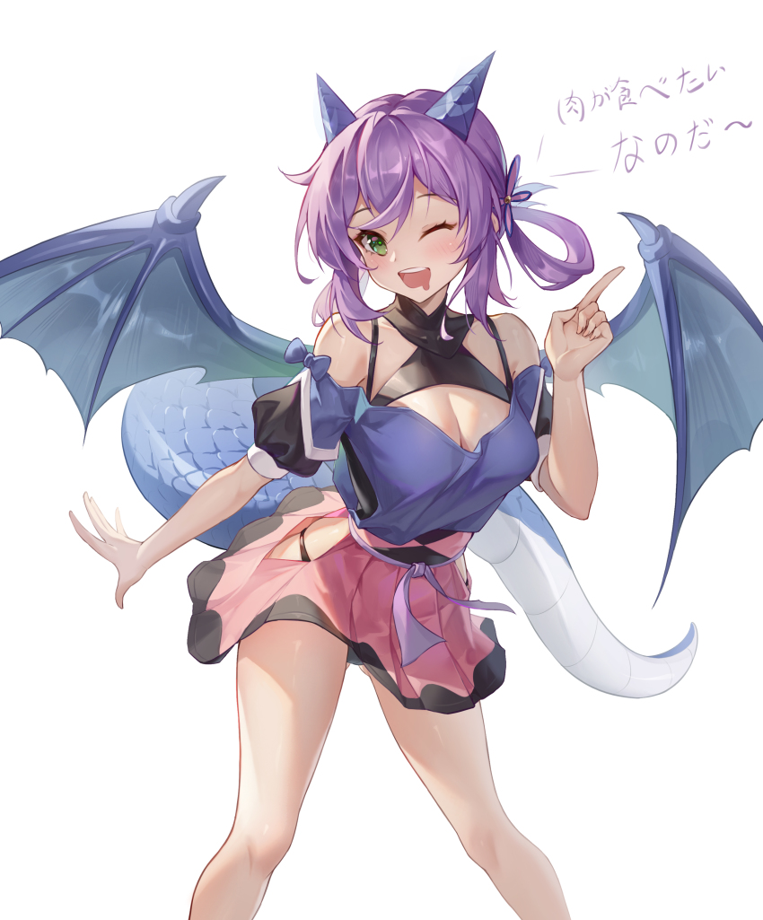 +_+, 1girl, ;d, absurdres, bare_shoulders, black_panties, blush, bow, breasts, cleavage, clothing_cutout, commentary_request, dddsunsky, dragon_girl, dragon_horns, dragon_tail, drooling, flatorte_(slime_taoshite_300_nen), green_eyes, hair_ornament, hair_rings, hand_up, high-waist_skirt, highres, hip_vent, horns, index_finger_raised, leaning_forward, legs_apart, looking_at_viewer, medium_breasts, medium_skirt, mouth_drool, off-shoulder_shirt, off_shoulder, one_eye_closed, open_mouth, outstretched_arm, outstretched_hand, panties, pantyshot, pink_skirt, pleated_skirt, purple_bow, purple_hair, purple_shirt, shirt, short_hair, short_sleeves, sidelocks, simple_background, skirt, slime_taoshite_300_nen_shiranai_uchi_ni_level_max_ni_nattemashita, smile, solo, spread_wings, standing, tail, talking, underwear, white_background