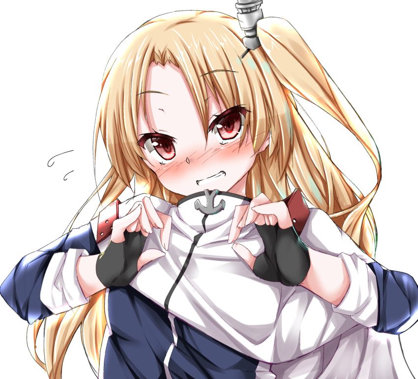 1girl, azur_lane, black_gloves, blonde_hair, blush, capelet, cleveland_(azur_lane), fingerless_gloves