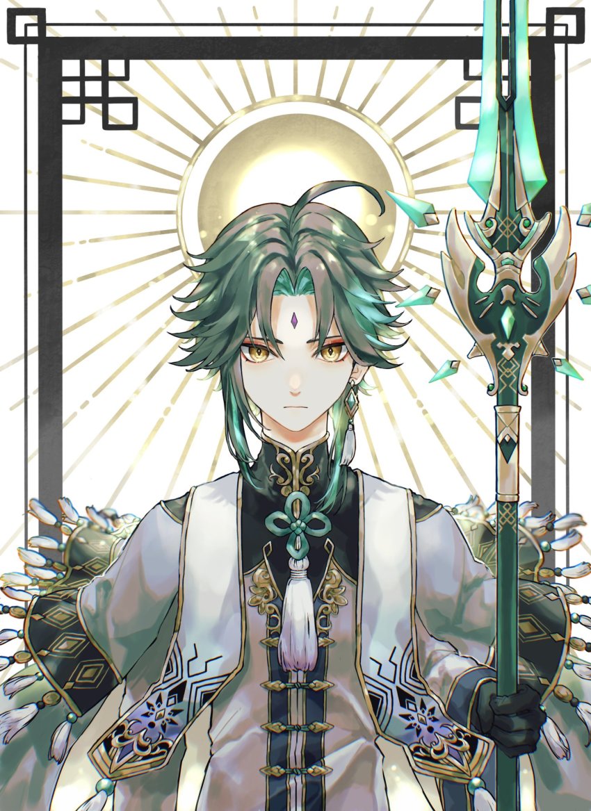 1boy, ahoge, black_gloves, black_hair, closed_mouth, commentary_request, diamond-shaped_pupils, diamond_(shape)