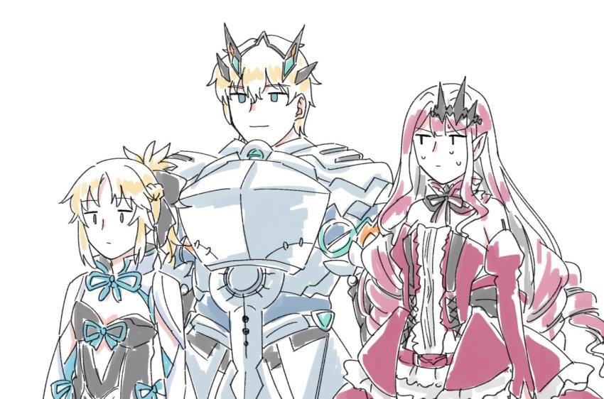 1boy, 2girls, armor, baobhan_sith_(fate), baobhan_sith_(first_ascension)_(fate), barghest_(fate), barghest_(fate)_(cosplay), barghest_(first_ascension)_(fate)