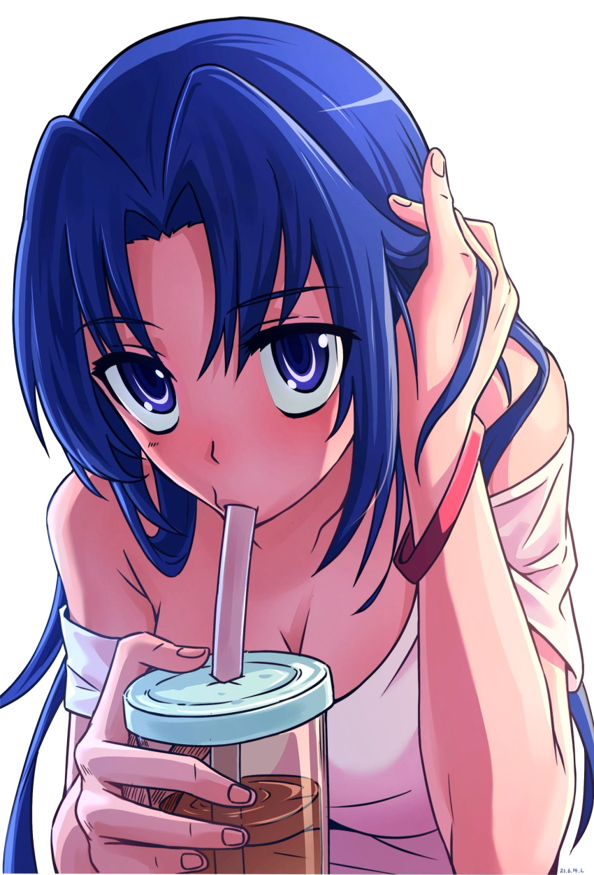 1girl, :>=, blue_eyes, blue_hair, breasts, cleavage, commentary, cup, tucking_hair, highres, holding, holding_cup, kawashima_ami, long_hair, looking_at_viewer, off-shoulder_shirt, off_shoulder, royl, shirt, short_sleeves, simple_background, solo, toradora!, upper_body, white_background, white_shirt, wristband