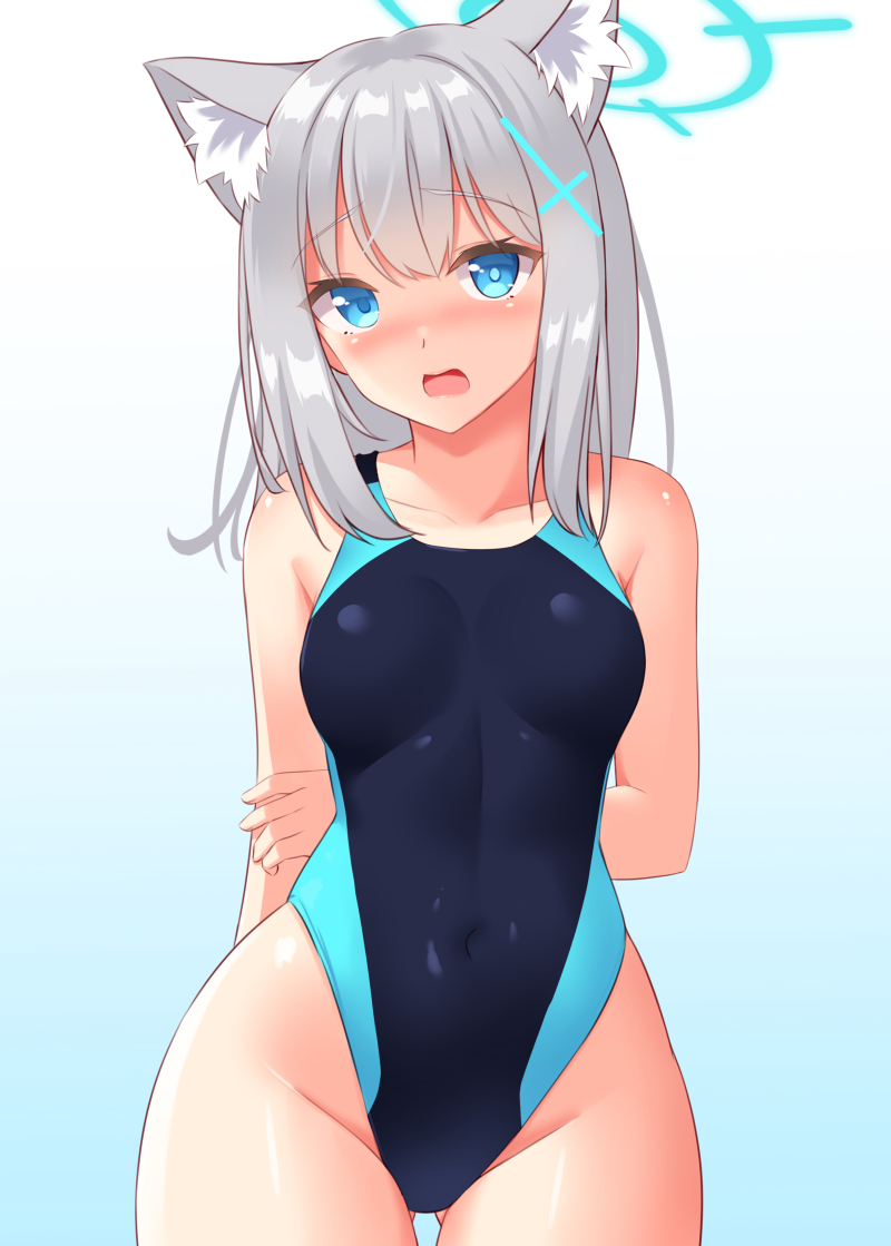 1girl, animal_ear_fluff, animal_ears, arms_behind_back, bare_shoulders, blue_archive, blue_background, blue_eyes