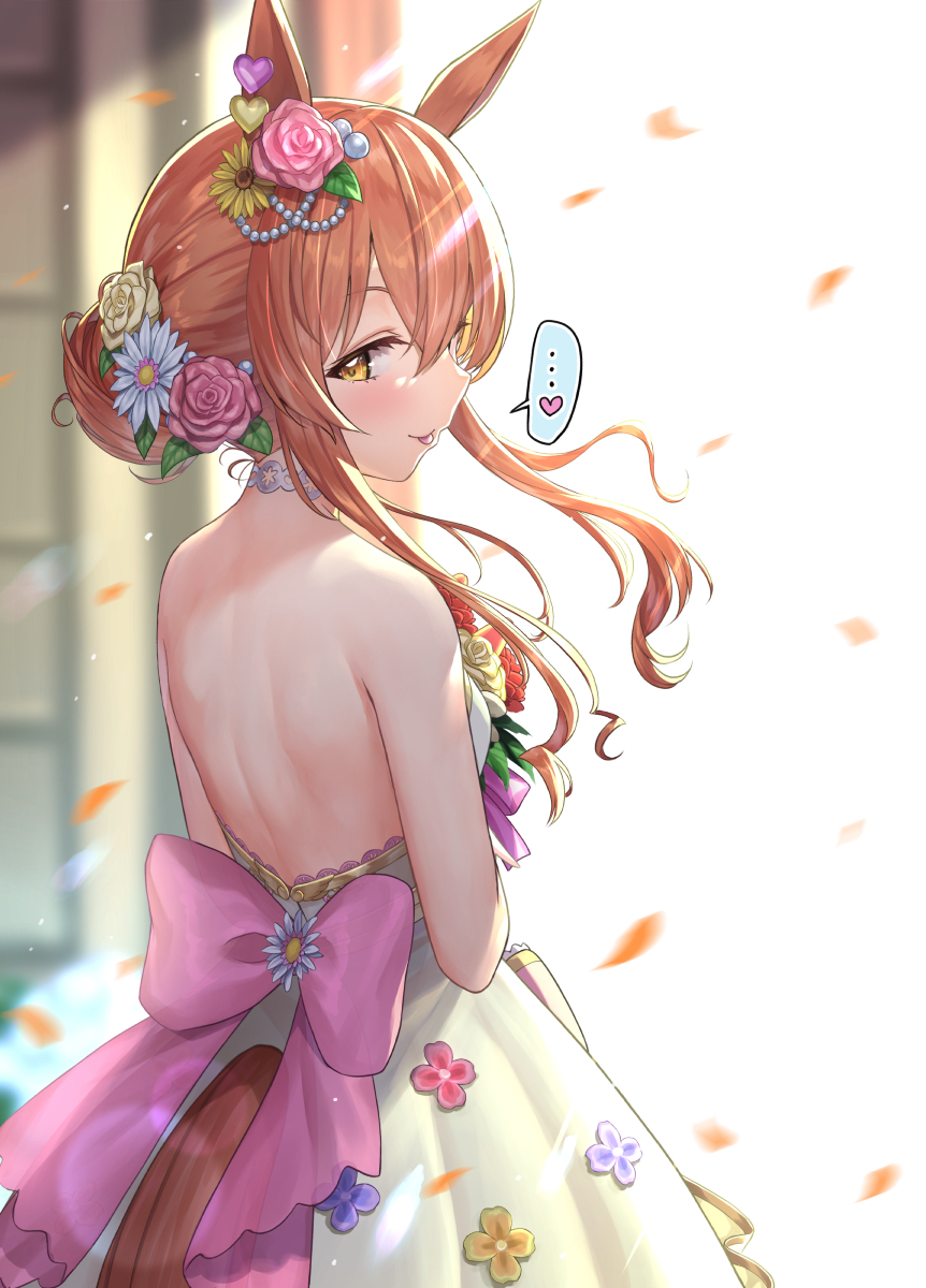 1girl, animal_ears, back, back_focus, bare_back, bare_shoulders, blush, bouquet, bride, brown_eyes, choker, commentary_request, dress, flower, from_behind, hair_bun, hair_flower, hair_ornament, highres, holding, holding_bouquet, horse_ears, horse_girl, horse_tail, long_hair, looking_at_viewer, looking_back, matanonki, mayano_top_gun_(sunlight_bouquet)_(umamusume), mayano_top_gun_(umamusume), naughty_face, open_mouth, orange_hair, shoulder_blades, sidelocks, single_hair_bun, smile, solo, standing, strapless, strapless_dress, tail, tongue, tongue_out, umamusume, wedding_dress, white_choker, white_dress