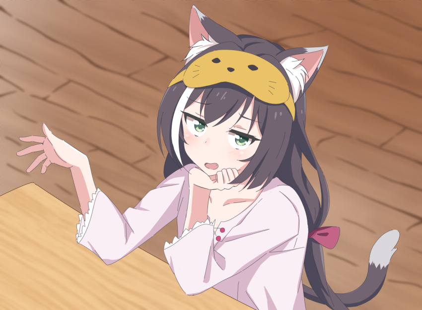 1girl, animal_ear_fluff, animal_ears, aqua_eyes, black_hair, blush, bow, cat_ears