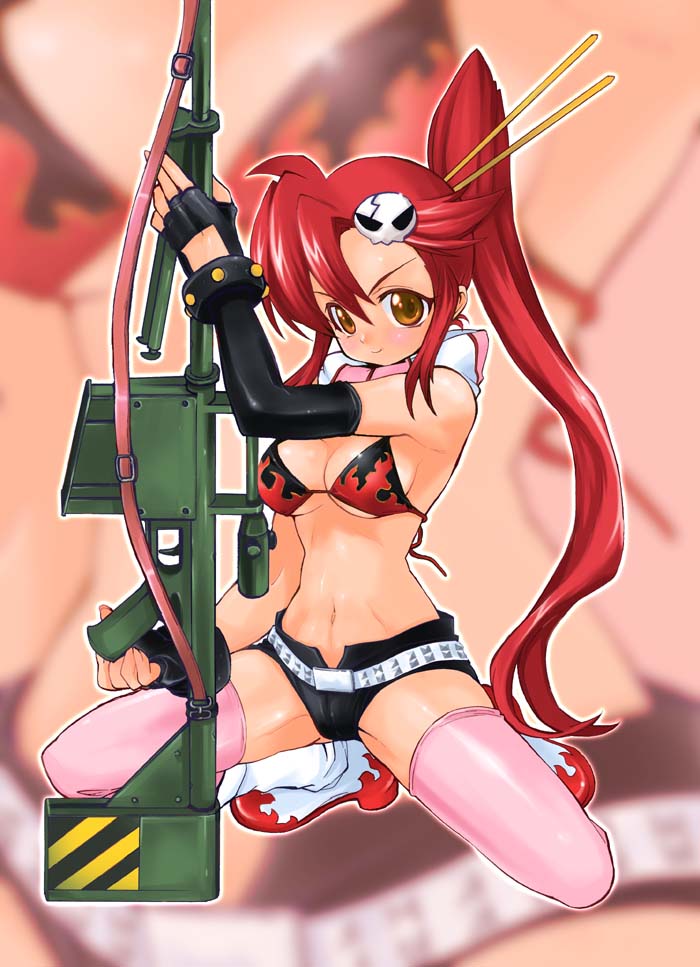 00s, 1girl, anti-materiel_rifle, belt, bikini, bikini_top_only, boots, breasts, cleavage, female_focus, gun, long_hair, navel, ponytail, red_hair, rifle, shorts, sniper_rifle, solo, studded_belt, swimsuit, takaoka_karen, tengen_toppa_gurren_lagann, thighhighs, weapon, yellow_eyes, yoko_littner, zoom_layer