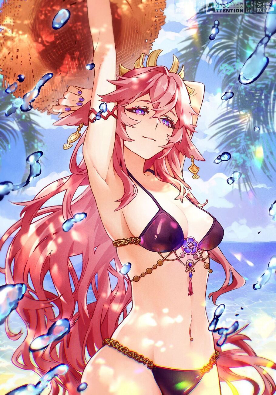 1girl, armpits, beach, bikini, black_bikini, blue_sky, breasts, genshin_impact, hair_ornament, half-closed_eyes, hat, highres, homura2414, jewelry, long_hair, medium_breasts, nail_polish, navel, ocean, pink_hair, purple_nails, sideboob, sky, smile, stomach, straw_hat, swimsuit, very_long_hair, yae_miko