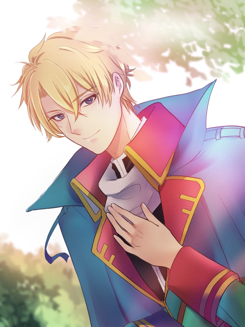 1boy, alberto_hawk, blonde_hair, blue_eyes, blurry, blurry_background, hair_between_eyes, hand_up