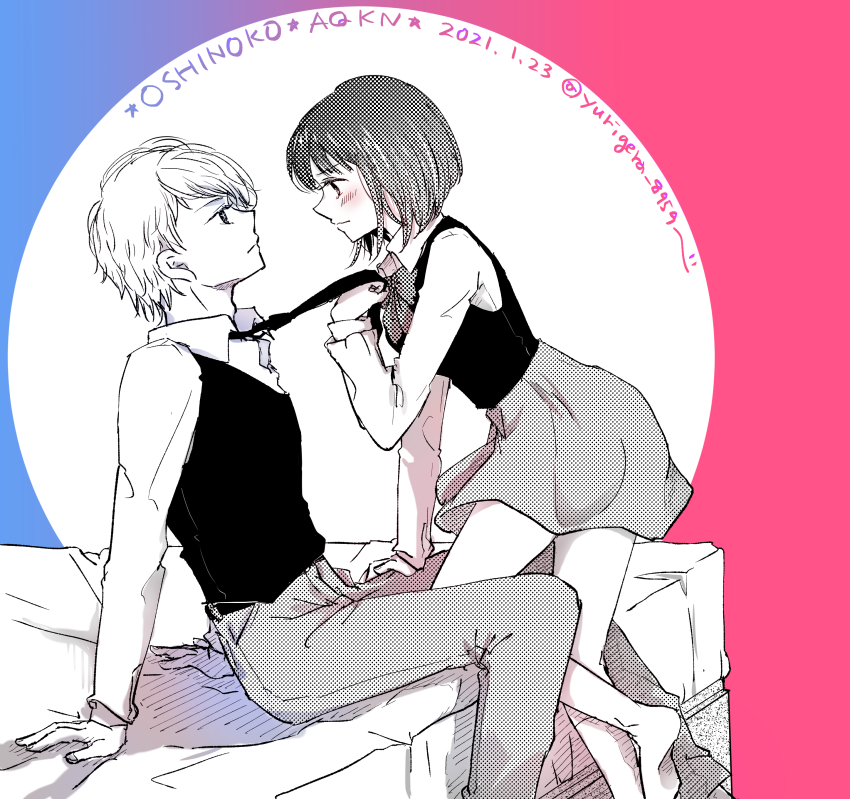 1boy, 1girl, absurdres, arima_kana, bare_legs, bed, blush, eye_contact