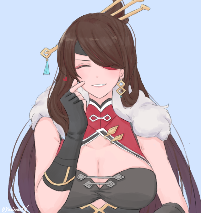 1girl, beidou_(genshin_impact), black_gloves, blue_background, breasts, brown_hair, capelet, chinese_clothes, cleavage, earrings, eyepatch, closed_eyes, finger_to_cheek, fingerless_gloves, fur_collar, genshin_impact, gloves, hair_ornament, hair_over_one_eye, hair_stick, hairpin, jewelry, large_breasts, lissa_(pikabeeart), long_hair, one_eye_covered, red_capelet, colored_eyepatch, smile, solo