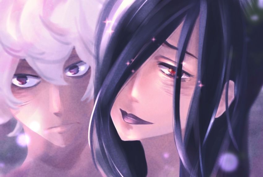 1boy, 1other, black_hair, gabimaru, hair_between_eyes, jigokuraku, lipstick, long_hair, makeup, purple_eyes, red_eyes, shija, short_hair, toooraaa28, white_hair