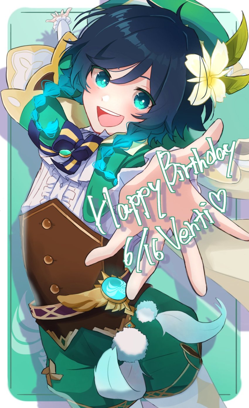 1boy, androgynous, argyle_clothes, argyle_pantyhose, beret, black_hair, blue_hair, blush