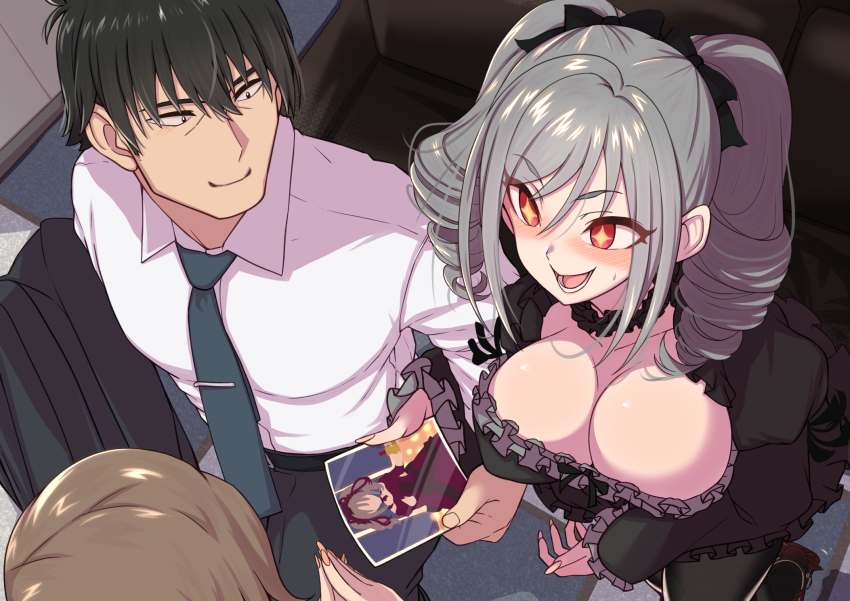 1boy, 2girls, belt, black_eyes, black_hair, black_legwear, blush, breasts, brown_hair, business_suit, cleavage, downblouse, drill_hair, formal_clothes, frills, highres, idolmaster, idolmaster_cinderella_girls, kanzaki_ranko, large_breasts, long_hair, morino_shoutarou, multiple_girls, nail_polish, necktie, orange_nails, photo_(object), producer_(idolmaster), producer_(idolmaster_cinderella_girls_anime), red_eyes, smile, star-shaped_pupils, star_(symbol), suit, sweatdrop, symbol-shaped_pupils, teeth, tie_clip, twin_drills