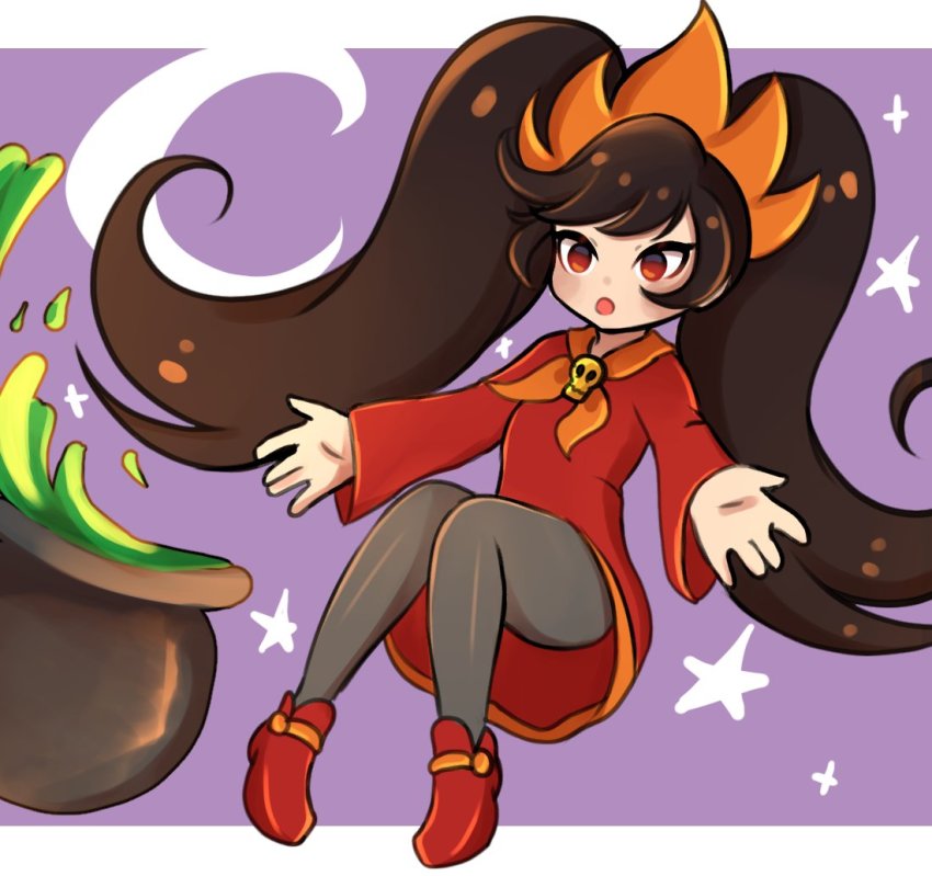 1girl, :o, ashley_(warioware), big_hair, black_hair, black_pantyhose, cauldron, chanpotei, crescent_moon, dress, floating, knees_together_feet_apart, legs_together, long_hair, long_sleeves, moon, neckwear_request, nintendo, orange_neckwear, outstretched_arms, pantyhose, parted_lips, red_dress, red_eyes, red_footwear, sidelocks, skull, spread_arms, star_(symbol), star_symbol_background, twintails, very_long_hair, warioware, witch