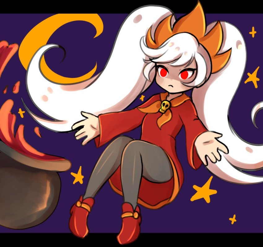 1girl, alternate_hair_color, ashley_(warioware), big_hair, black_pantyhose, cauldron, chanpotei, closed_mouth
