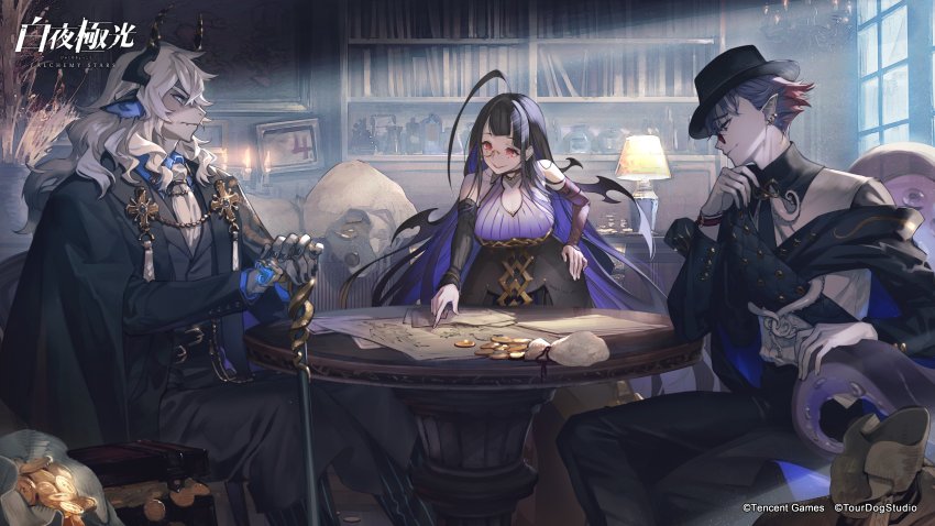 1girl, 2boys, absurdres, alchemy_stars, animal_ears, antenna_hair, asymmetrical_sleeves, black_cape