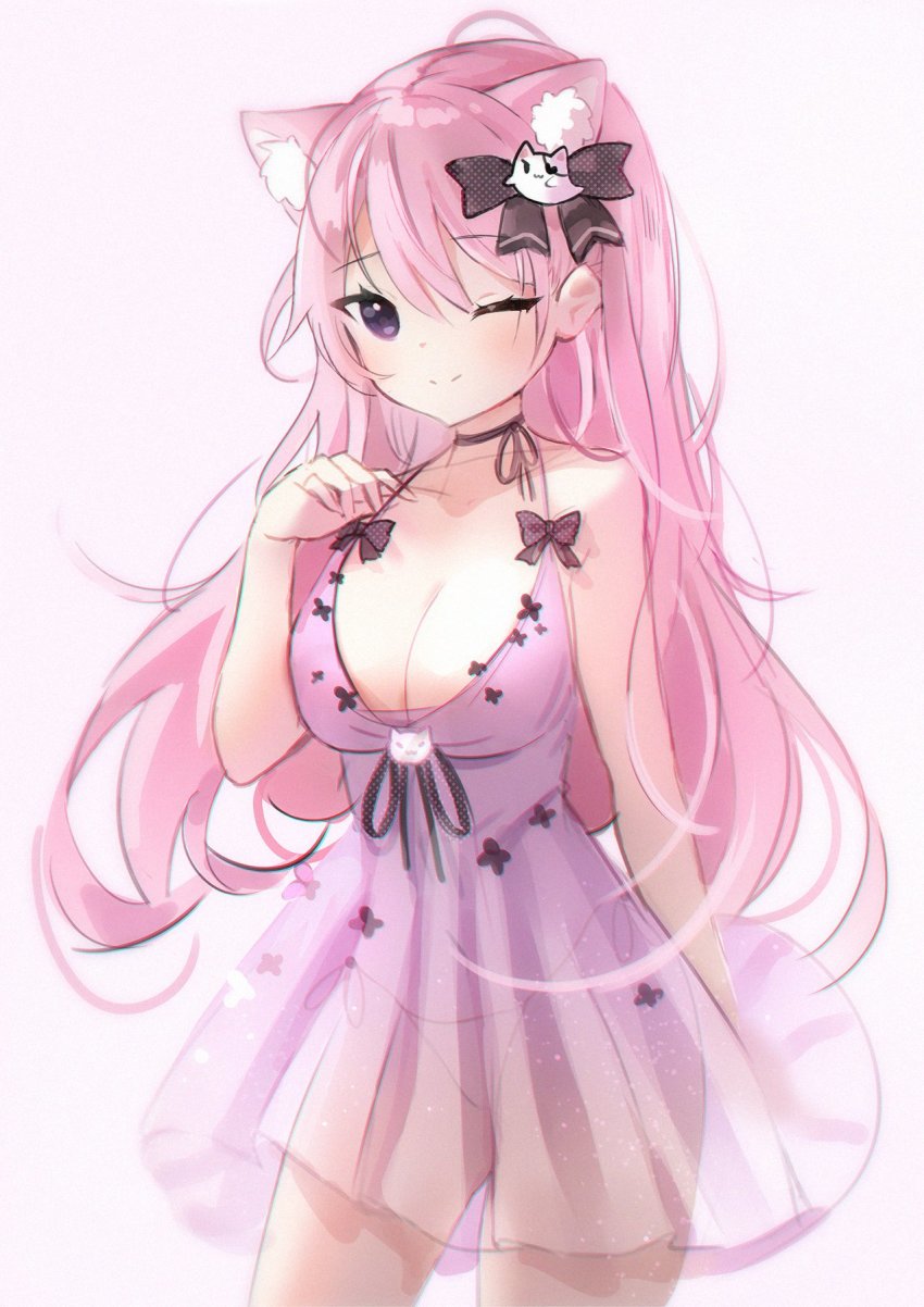 1girl, animal_ear_fluff, animal_ears, anyuu, bow, breasts, cat_ears, cleavage