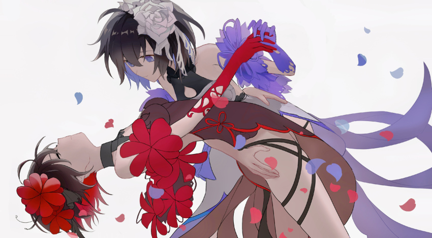 2girls, antenna_hair, bare_shoulders, closed_eyes, closed_mouth, dancing, dress, elbow_gloves