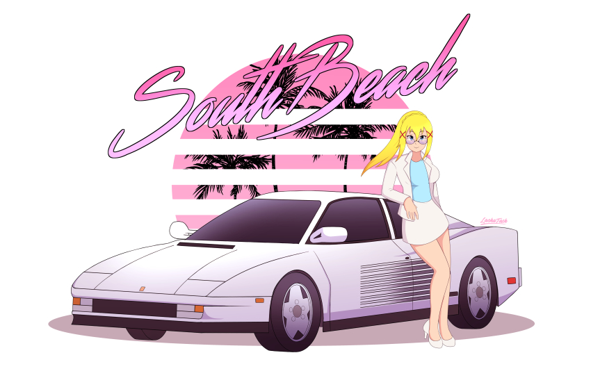 1girl, absurdres, blonde_hair, blue_eyes, car, darkness_(konosuba), ferrari_testarossa, glasses