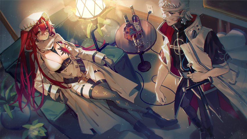 1boy, 1girl, alchemy_stars, alcohol, bandage_on_face, bandage_over_one_eye, bandages, belt