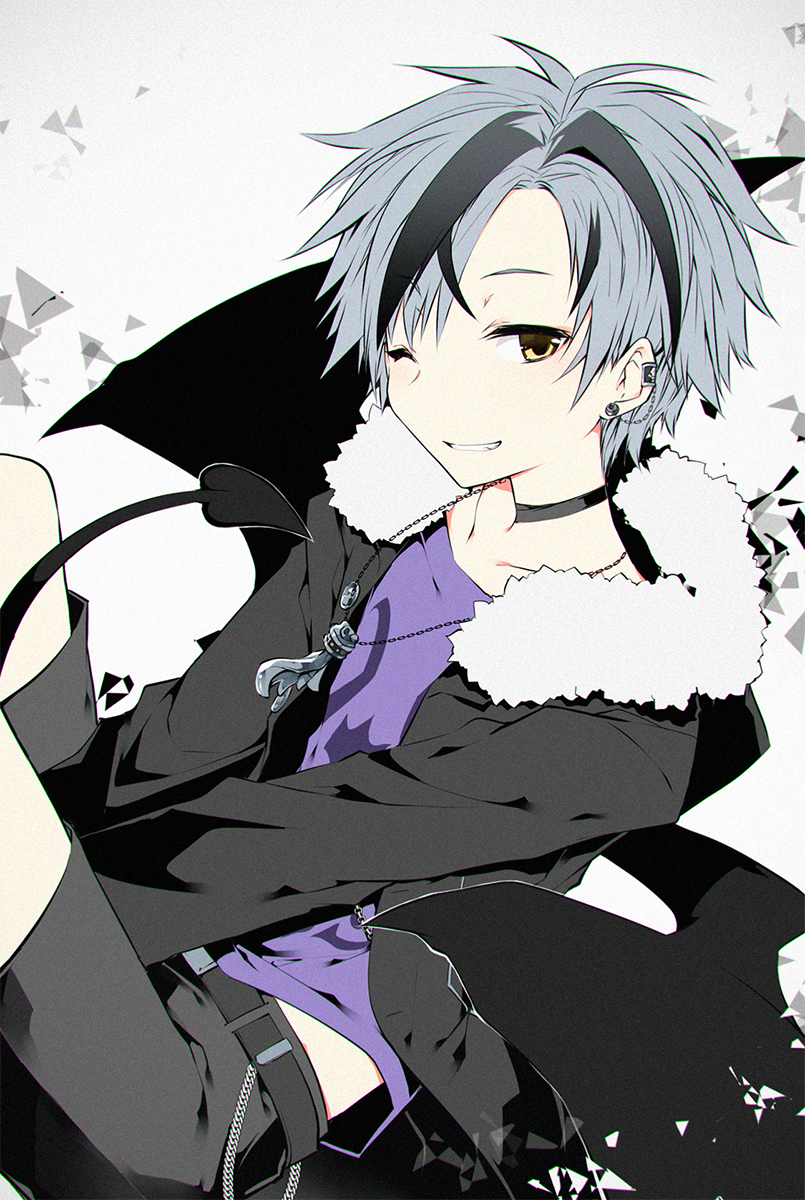 1boy, between_legs, black_choker, black_hair, black_jacket, black_shorts, black_wings, brown_hair