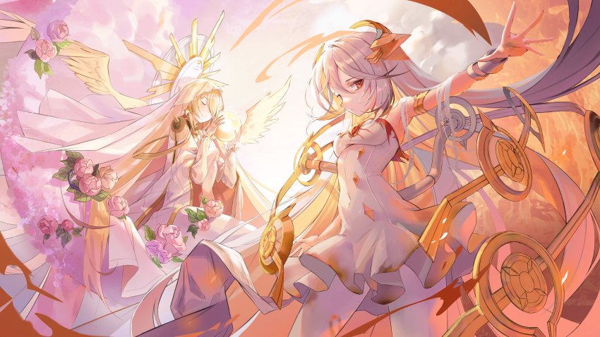2girls, absurdres, alchemy_stars, armlet, armpits, backlighting, bad_id, bad_pixiv_id