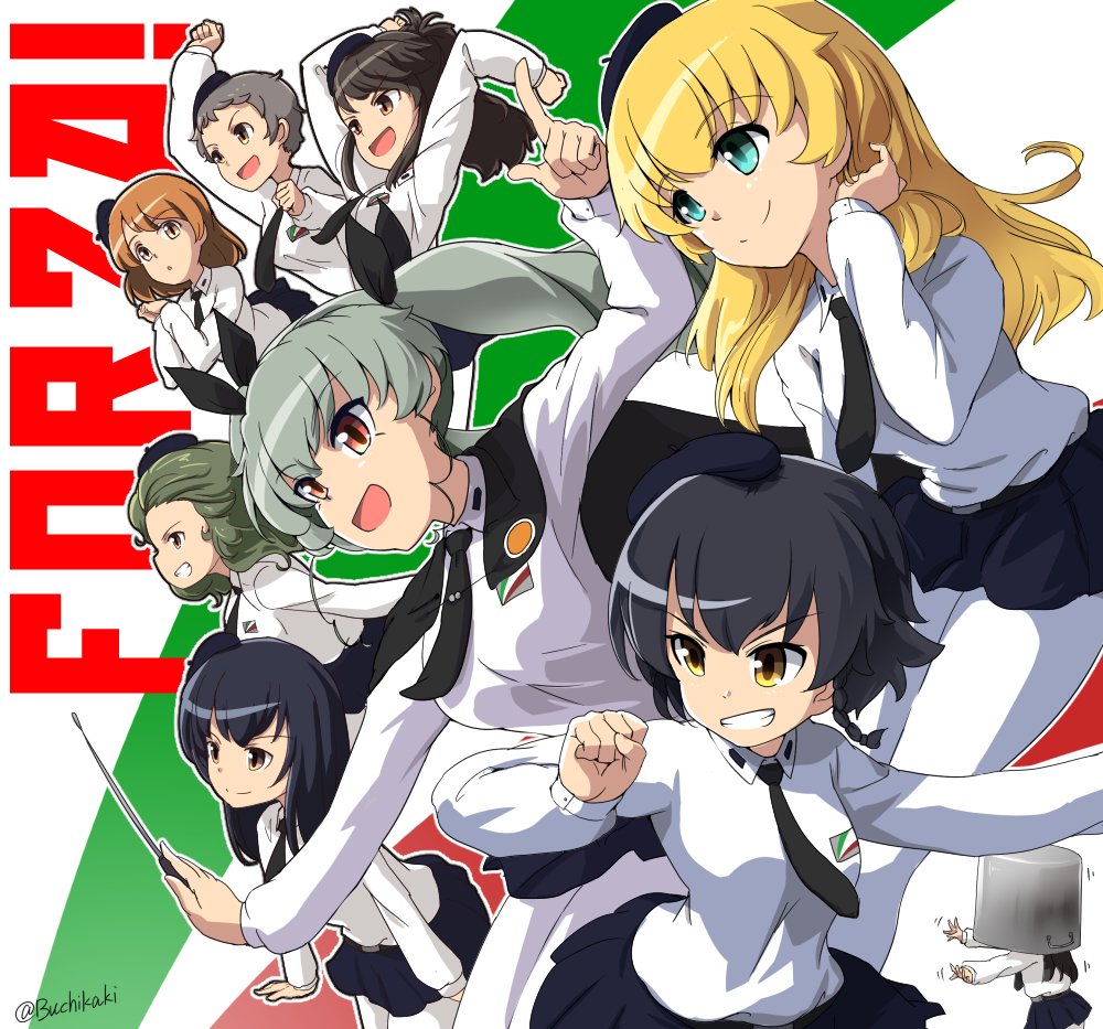 6+girls, amaretto_(girls_und_panzer), anchovy_(girls_und_panzer), anzio_school_uniform, aqua_eyes, arm_up, arms_up, beret