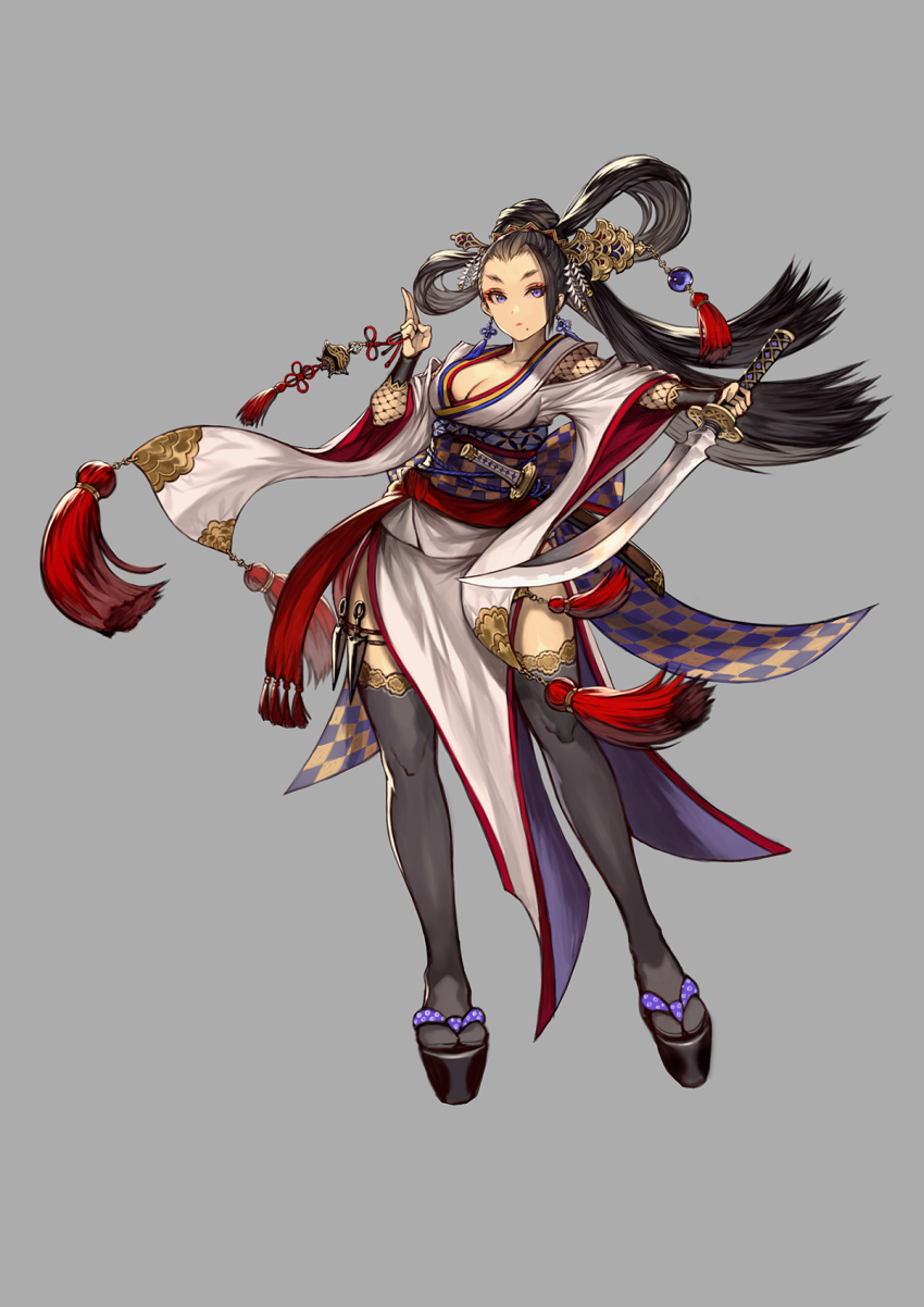 1girl, black_hair, black_thighhighs, breasts, caravan_stories, cleavage, earrings, full_body