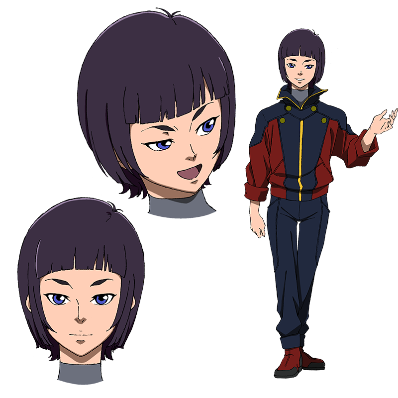 00s, black_hair, blue_eyes, boots, character_profile, closed_mouth, gundam, gundam_narrative