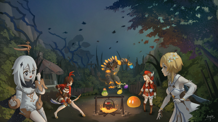 4girls, :o, absurdres, ahoge, amber_(genshin_impact), arepko, backpack, bag, bag_charm, black_eyes, black_scarf, blonde_hair, bloomers, boots, bow_(weapon), breasts, brown_eyes, brown_footwear, brown_gloves, brown_hair, brown_scarf, campfire, charm_(object), cleavage, clover_print, coat, commentary_request, cooking, detached_sleeves, dodoco_(genshin_impact), dress, fighting_stance, fire, flower, full_body, genshin_impact, geovishap_hatchling_(genshin_impact), gloves, hair_between_eyes, hair_flower, hair_ornament, hairband, halo, hat, highres, holding, holding_bow_(weapon), holding_weapon, jumpy_dumpty, klee_(genshin_impact), light_brown_hair, long_hair, low_twintails, lumine_(genshin_impact), mechanical_halo, multiple_girls, newsboy_cap, night, orange_eyes, paimon_(genshin_impact), pocket, pointy_ears, pot, randoseru, red_coat, red_headwear, romper, scarf, short_hair, short_hair_with_long_locks, short_twintails, sidelocks, sky, slime_(genshin_impact), surprised, thigh_boots, thighhighs, twintails, underwear, weapon, white_dress, white_hair, white_legwear, white_romper, white_scarf, yellow_eyes, zettai_ryouiki