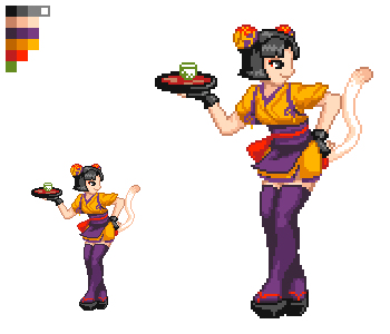 1girl, apron, arc_system_works, battle_fantasia, cat_tail, coyori, japanese_clothes, kimono