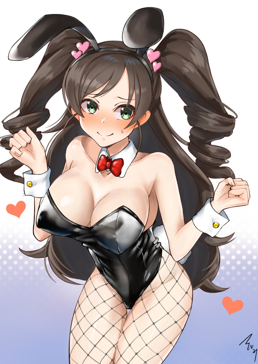 1girl, absurdres, animal_ears, bare_shoulders, blush, bow, bowtie, breasts