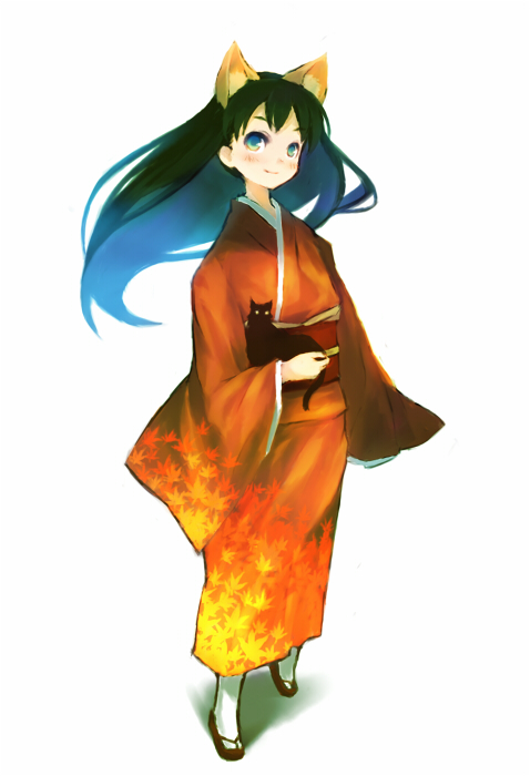 1girl, animal_ears, cat, cat_ears, female_focus, full_body, japanese_clothes, kimono