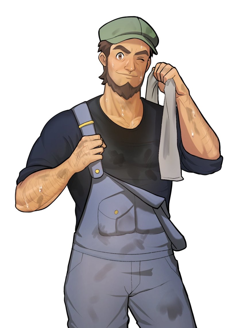 1boy, arm_hair, beard, black_shirt, brown_hair, buttons, closed_mouth, commentary_request