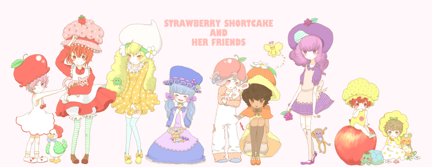 6+girls, :d, absurdres, animal, animal_on_lap, apple, apple_dumplin'_(sbsc), apple_hair_ornament, apricot_(sbsc), apron, baby, bird, black_hair, blonde_hair, blue_dress, blue_hair, blueberry_muffin_(sbsc), bob_cut, bonnet, bow, brown_eyes, bug, butter_cookie_(sbsc), butterfly, cake, cap, cape, capelet, caption, cat, cherry_cuddler_(sbsc), child, copyright_name, custard_(sbsc), dark-skinned_female, dark_skin, dress, duck, flat_color, flower, food, food-themed_hair_ornament, frog, fruit, hair_bow, hair_ornament, hat, highres, holding, holding_animal, holding_cat, holding_rabbit, hotate1, insect, large_hat, leggings, lemon_meringue_(sbsc), light_brown_hair, lolita_fashion, long_hair, monkey, mouse_(animal), multiple_girls, on_lap, onesie, open_mouth, orange_blossom_(sbsc), orange_dress, overalls, oversized_object, pastel_colors, petite, pink_eyes, pink_hair, platinum_blonde_hair, purple_dress, purple_eyes, purple_hair, rabbit, raspberry, raspberry_torte_(sbsc), red_dress, red_hair, ribbon, short_hair, short_twintails, sitting_on_apple, smile, strawberry, strawberry_shortcake, strawberry_shortcake_(series), strawberry_shortcake_(character), striped_legwear, stuffed_animal, stuffed_toy, teddy_bear, toddler, turtle, twintails, vintage_clothes, white_background, yellow_dress, yellow_eyes