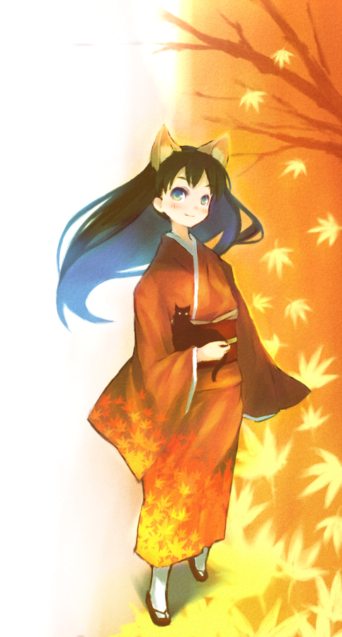1girl, animal_ears, autumn, cat, cat_ears, female_focus, full_body, gradient_background, japanese_clothes, kimono, leaf, maple_leaf, nature, original, outdoors, solo, xexu