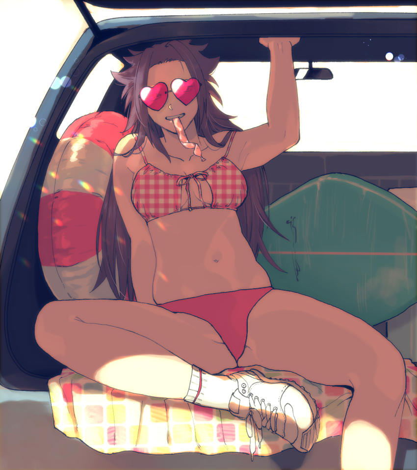 1girl, alternate_costume, bikini, breasts, car_interior, feet_out_of_frame, heart, heart-shaped_eyewear