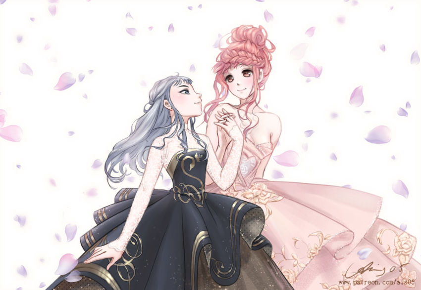 2girls, ais05, black_dress, braid, braided_bun, breasts, brown_eyes, cleavage, couple, dancing, dress, fashion, floral_print, formal_clothes, frilled_dress, frilled_skirt, frills, gold_dress, gold_trim, gown, graphic_dress, grey_eyes, grey_hair, hair_bun, hair_down, holding_hands, interlocked_fingers, kimi_(miracle_nikki), lace, lace_sleeves, long_hair, looking_at_another, miracle_nikki, multiple_girls, nikki_(nikki), nikki_(series), petals, pink_dress, pink_hair, princess_dress, puffy_dress, rose_petals, see-through_clothes, see-through_sleeves, skirt, strapless, strapless_dress, swan_print, updo, white_background, yuri