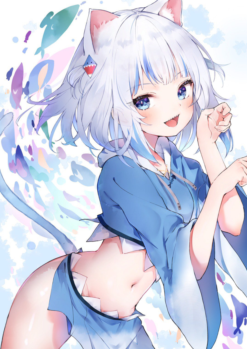 1girl, adapted_costume, animal_ears, auui, bare_legs, blue_eyes, blue_hair, blue_hoodie