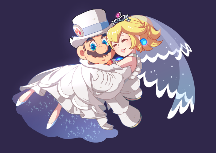 1boy, 1girl, blonde_hair, bow, bowtie, carrying, closed_eyes, dress