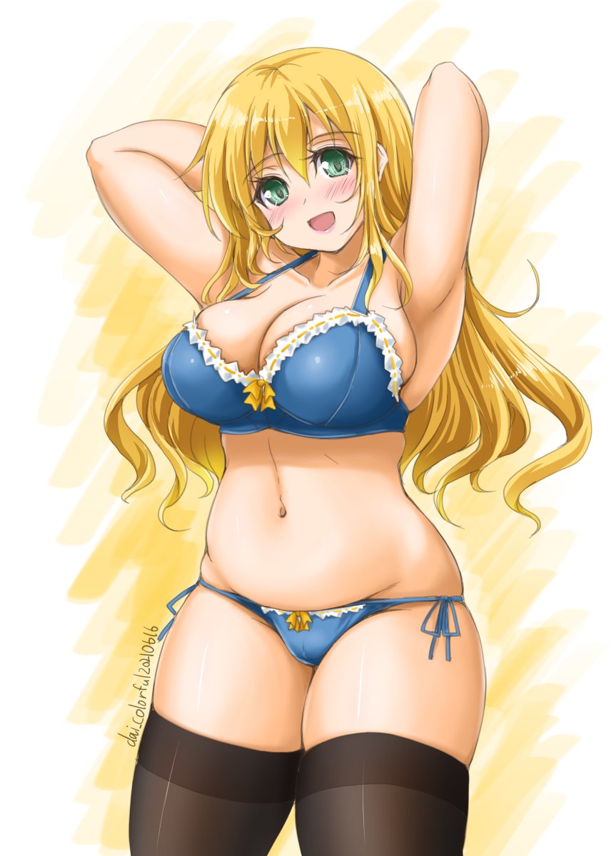 1girl, akimoto_dai, arms_behind_head, atago_(kancolle), black_thighhighs, blonde_hair, blue_bra, blue_panties
