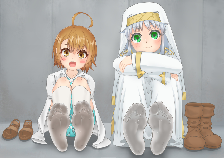 2girls, absurdres, ahoge, blush, boots, brown_eyes, brown_hair, feet
