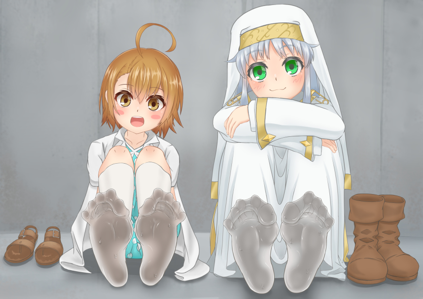 2girls, absurdres, ahoge, blush, boots, brown_eyes, brown_hair, feet