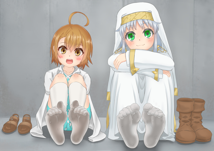 2girls, absurdres, ahoge, blush, boots, brown_eyes, brown_hair, feet