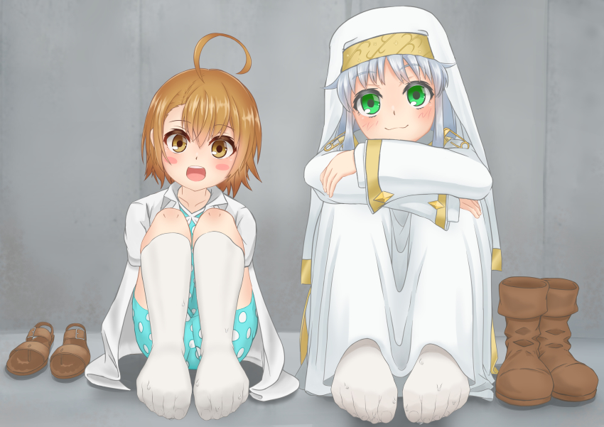 2girls, absurdres, ahoge, blush, boots, brown_eyes, brown_hair, feet