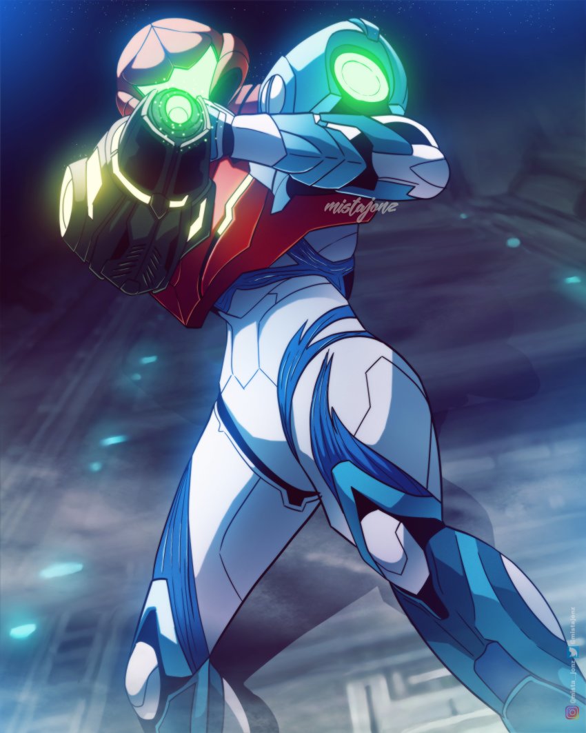 1girl, absurdres, arm_cannon, armor, helmet, highres, looking_at_viewer, metroid, metroid_dread, mistajonz, nintendo, normal_suit_(metroid), power_armor, power_suit_(metroid), samus_aran, science_fiction, sidelocks, simple_background, solo, visor, weapon