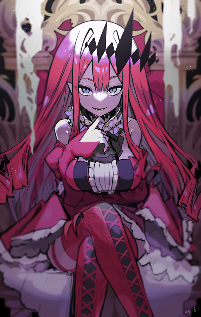 1girl, baobhan_sith_(fate), baobhan_sith_(first_ascension)_(fate), bare_shoulders, boots, breasts, center_frills, circlet, crossed_legs, detached_collar, detached_sleeves, dress, earrings, fate/grand_order, fate_(series), frills, grey_eyes, highres, jewelry, long_hair, looking_at_viewer, medium_breasts, nagamine_ao, open_mouth, pink_hair, pointy_ears, red_boots, red_dress, sidelocks, sitting, smile, solo, thigh_boots, thighhighs, thighs